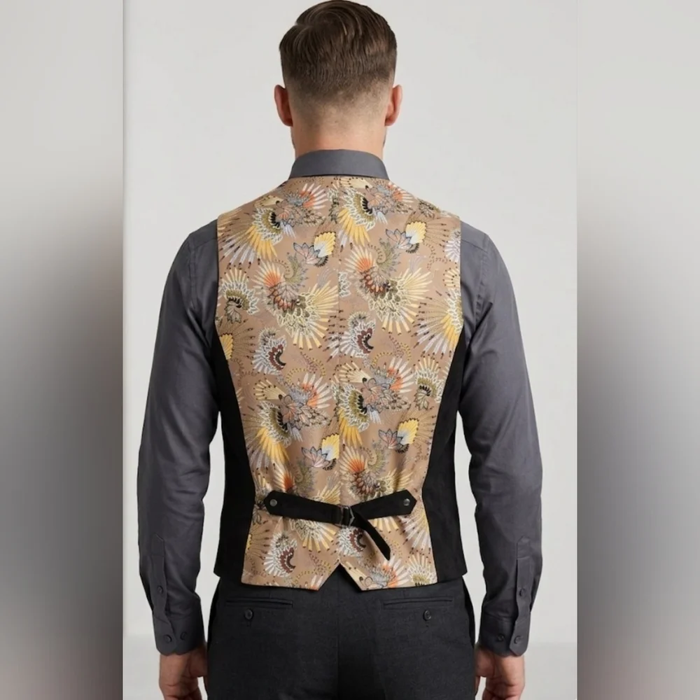 Paisley & Gray Slim Fit Faux Suede Vest | Gold Bird Floral Back Size L